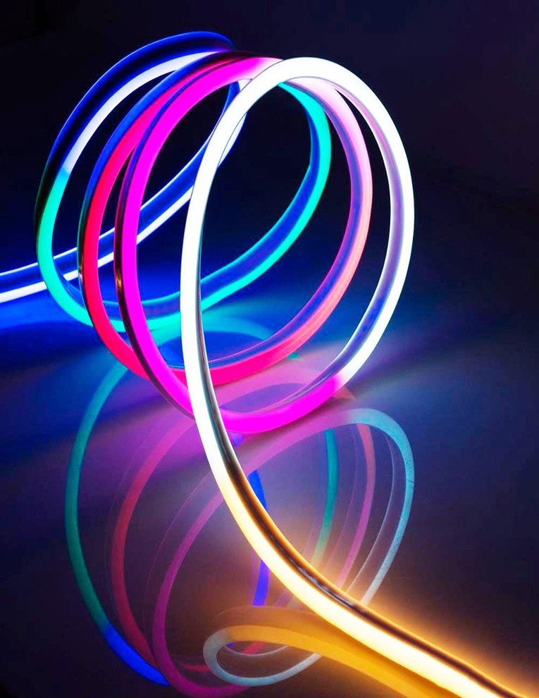 Flexible led tape neon flex in different colors on dark black background